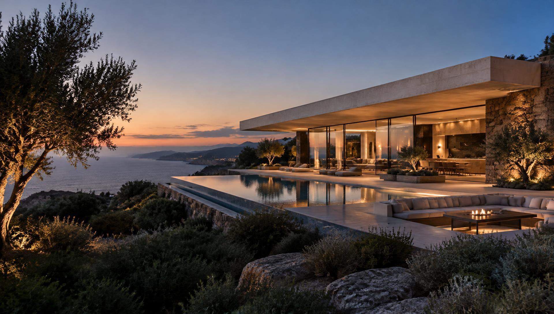 Contemporary coastal villa with an infinity pool at sunset — architectural concept