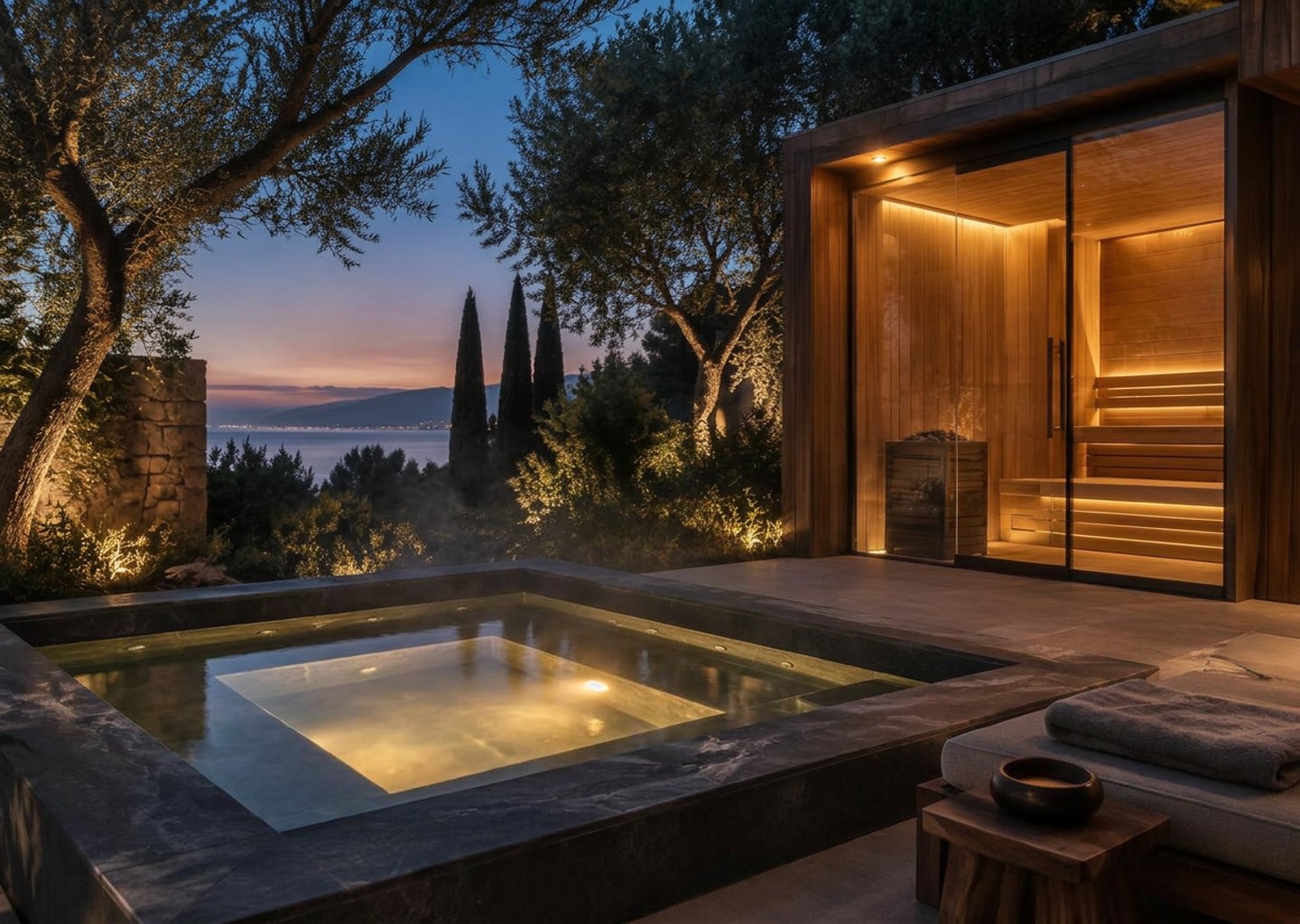 Illuminated hot tub and cedar sauna concept